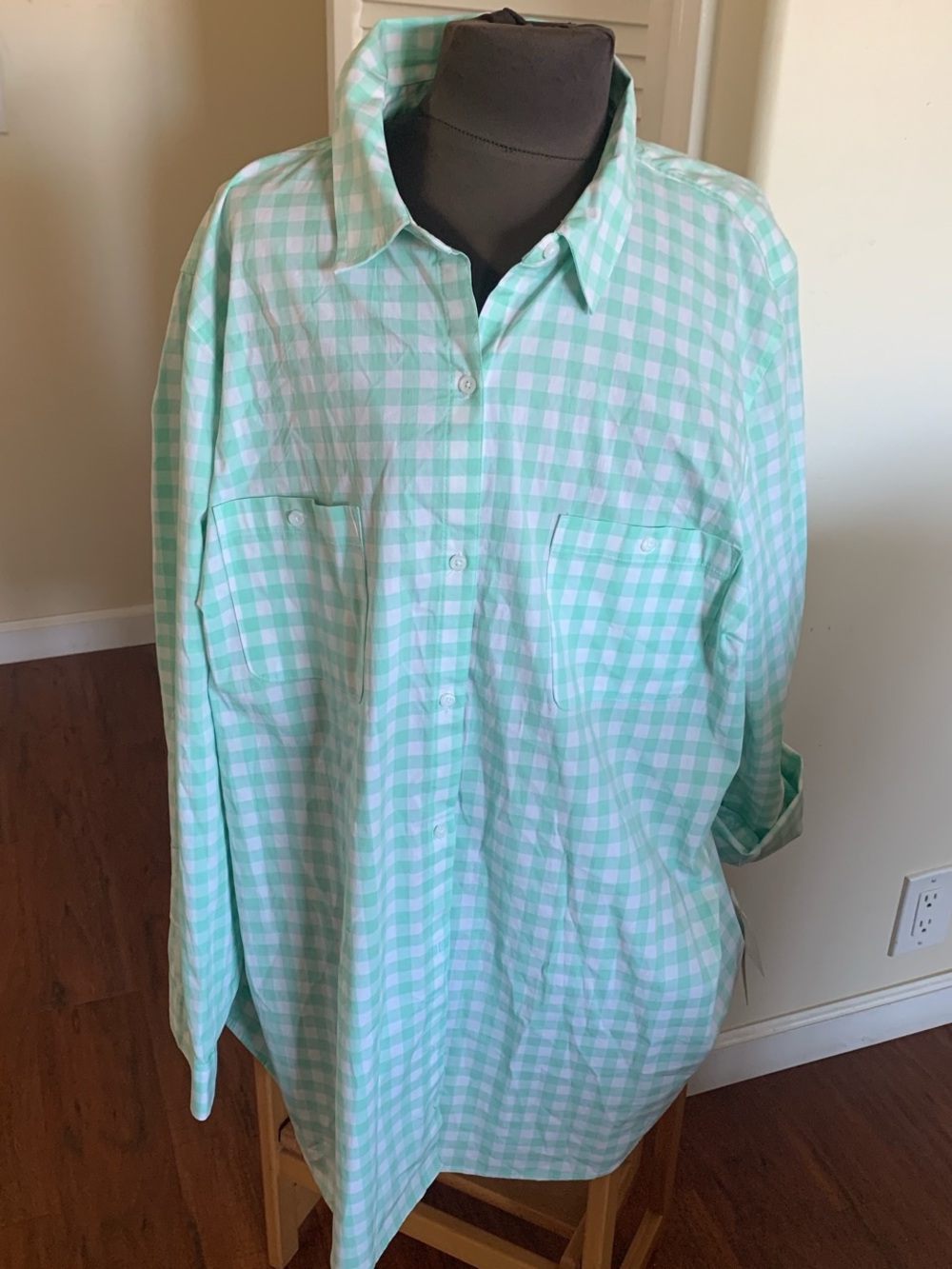 croft & barrow 3X Mint Green and White Gingham Button-Down Shirt brand new
